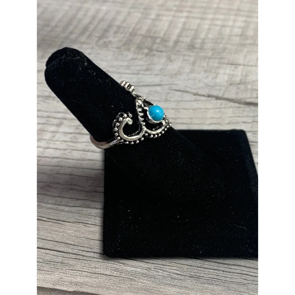 Boho Silver Tone Turquoise Cabochon Scrollwork Statement Ring Size 6.5